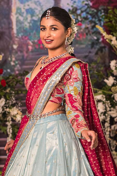 Aindhri By Mahitha_Blue Tissue Embroidery, Sequins V-neck Floral Lehenga Set _Online_at_Aza_Fashions