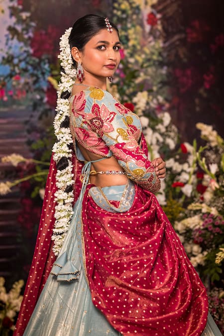 Buy_Aindhri By Mahitha_Blue Tissue Embroidery, Sequins V-neck Floral Lehenga Set _Online_at_Aza_Fashions