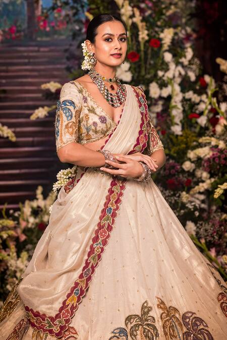 Aindhri By Mahitha_Ivory Tissue Embroidery Round Neck Classic Lehenga Set _Online_at_Aza_Fashions