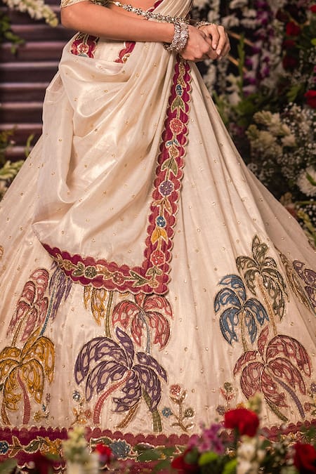 Buy_Aindhri By Mahitha_Ivory Tissue Embroidery Round Neck Classic Lehenga Set _Online_at_Aza_Fashions