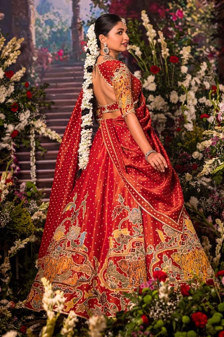 Aindhri By Mahitha Classic Red Tissue Lehenga Set 