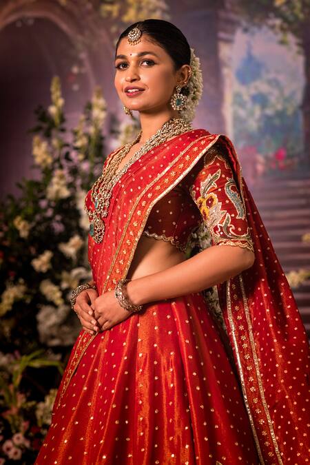 Aindhri By Mahitha_Red Tissue Sequins, Embroidery, Zari Round Neck Classic Lehenga Set _Online_at_Aza_Fashions