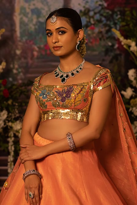 Aindhri By Mahitha_Peach Tissue Sequins, Embroidery Round Neck Classic Lehenga Set _Online_at_Aza_Fashions