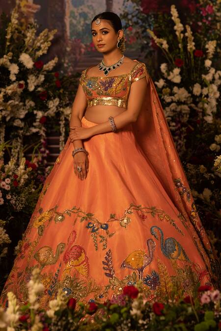 Buy_Aindhri By Mahitha_Peach Tissue Sequins, Embroidery Round Neck Classic Lehenga Set _Online_at_Aza_Fashions