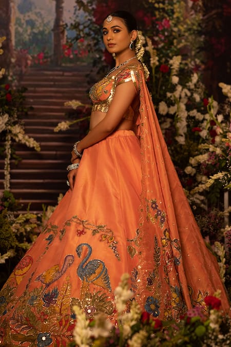 Shop_Aindhri By Mahitha_Peach Tissue Sequins, Embroidery Round Neck Classic Lehenga Set _Online_at_Aza_Fashions