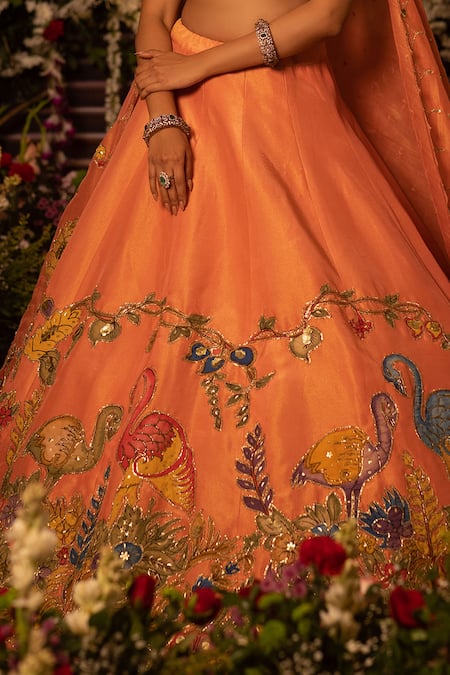 Aindhri By Mahitha_Peach Tissue Sequins, Embroidery Round Neck Classic Lehenga Set _at_Aza_Fashions