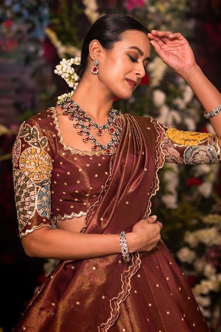 Aindhri By Mahitha_Brown Tissue Embroidery Round Neck Classic Lehenga Set _Online_at_Aza_Fashions