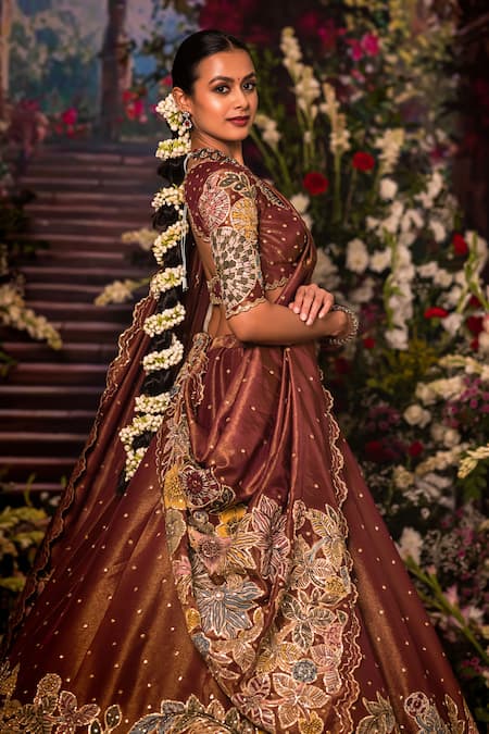 Aindhri By Mahitha Classic Brown Embroidered Lehenga Set 