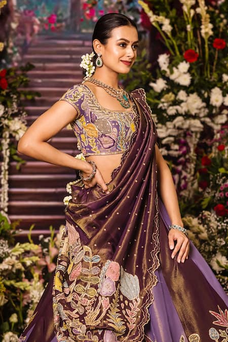 Aindhri By Mahitha_Purple Tissue Embroidery Round Neck Classic Lehenga Set _Online_at_Aza_Fashions