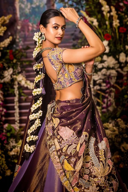 Buy_Aindhri By Mahitha_Purple Tissue Embroidery Round Neck Classic Lehenga Set _Online_at_Aza_Fashions