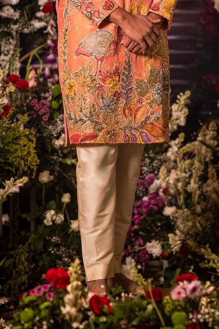 Buy_Aindhri By Mahitha_Peach Tissue Embroidery Kurta Set _Online_at_Aza_Fashions