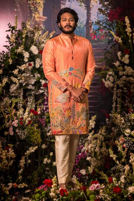 Shop_Aindhri By Mahitha_Peach Tissue Embroidery Kurta Set _Online_at_Aza_Fashions