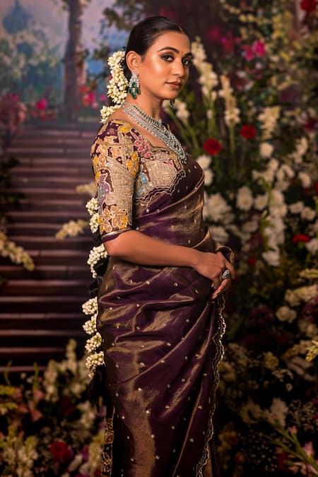 Aindhri By Mahitha_Purple Tissue Embroidery Round Neck Saree Set _Online_at_Aza_Fashions