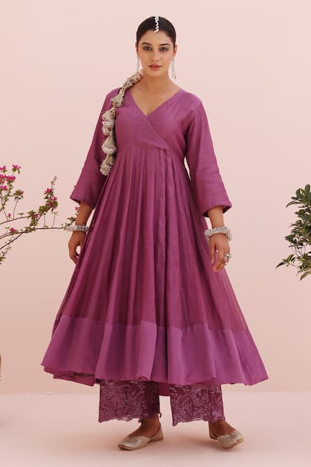 Shop_Charu Makkar_Lilac Chanderi, Cotton, Organza Embroidery V-neck Angarkha Kurta Set _at_Aza_Fashions