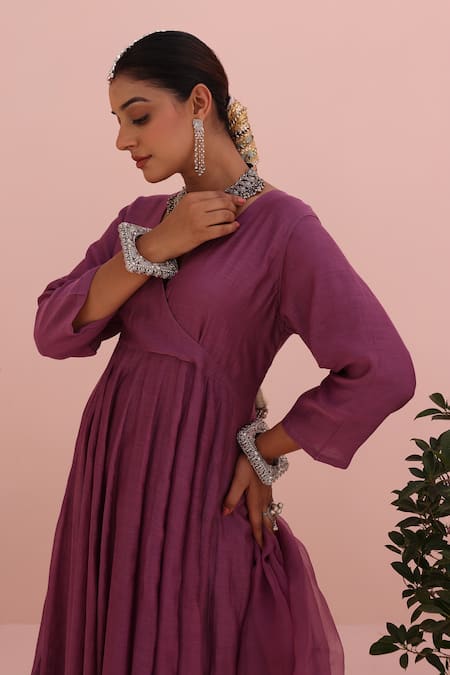 Shop_Charu Makkar_Lilac Chanderi, Cotton, Organza Embroidery V-neck Angarkha Kurta Set _Online_at_Aza_Fashions