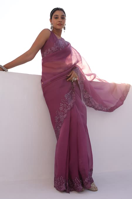 Charu Makkar_Lilac Organza, Embroidery Round Neck Saree Set _Online_at_Aza_Fashions