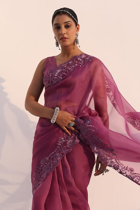 Buy Charu Makkar Lilac Organza, Embroidery Round Neck Saree Set Online at Aza Fashions Buy_Charu Makkar_Lilac Organza, Embroidery Round Neck Saree Set _Online_at_Aza_Fashions