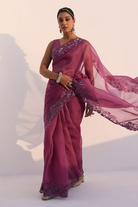 Shop_Charu Makkar_Lilac Organza, Embroidery Round Neck Saree Set _Online_at_Aza_Fashions