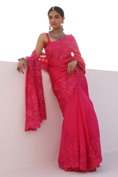 Shop_Charu Makkar_Red Organza, Embroidery Round Rani Pink Designer Saree And Blouse Set _at_Aza_Fashions