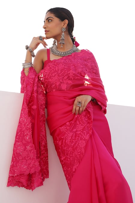 Charu Makkar_Red Organza, Embroidery Round Rani Pink Designer Saree And Blouse Set _Online_at_Aza_Fashions