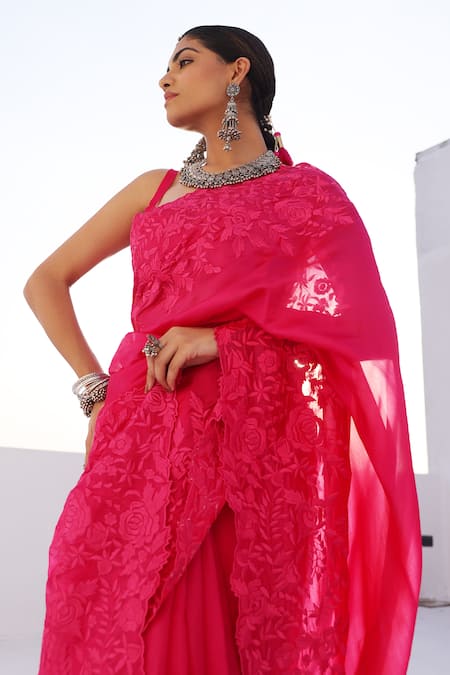 Buy_Charu Makkar_Red Organza, Embroidery Round Rani Pink Designer Saree And Blouse Set _Online_at_Aza_Fashions