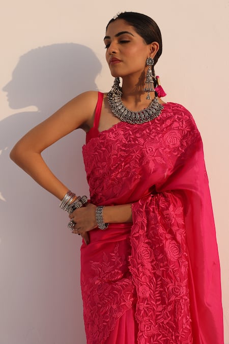 Shop_Charu Makkar_Red Organza, Embroidery Round Rani Pink Designer Saree And Blouse Set _Online_at_Aza_Fashions