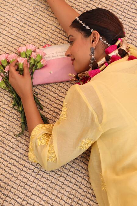 Shop_Charu Makkar_Yellow Chanderi, Silk Embroidery Round Neck Lemon Kurta Set _Online_at_Aza_Fashions
