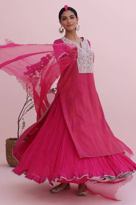 Buy_Charu Makkar_Pink Chanderi, Cotton, Organza Embroidery Round Neck Rani Kurta Set _Online_at_Aza_Fashions