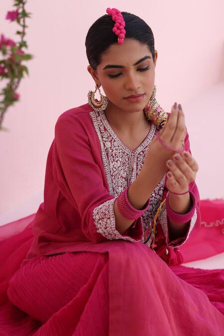 Shop_Charu Makkar_Pink Chanderi, Cotton, Organza Embroidery Round Neck Rani Kurta Set _Online_at_Aza_Fashions