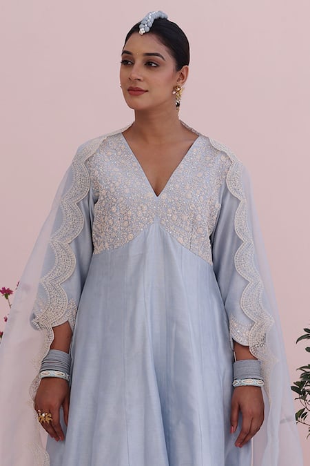 Charu Makkar_Blue Silk, Chanderi, Organza Sequins, Embroidery V-neck Moon Anarkali Set _Online_at_Aza_Fashions