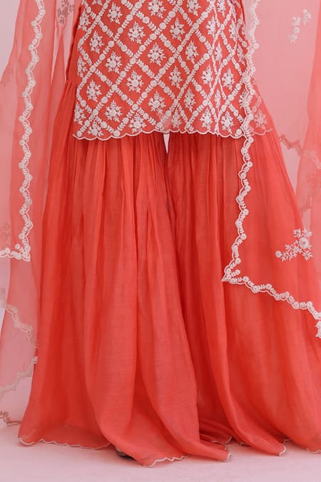 Charu Makkar_Coral Chanderi, Organza Embroidery Round Neck Designer Kurta Set With Dupatta _Online_at_Aza_Fashions