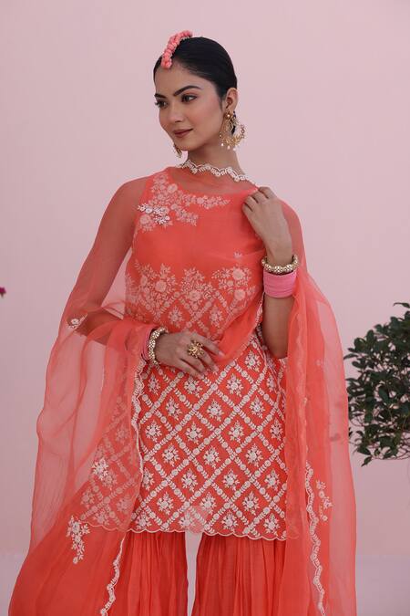 Buy_Charu Makkar_Coral Chanderi, Organza Embroidery Round Neck Designer Kurta Set With Dupatta _Online_at_Aza_Fashions