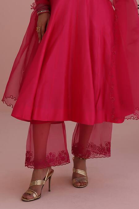 Charu Makkar Red Silk, Chanderi, Cotton, Organza Embroidery Round Neck Anarkali Set Online at Aza Fashions Charu Makkar_Red Silk, Chanderi, Cotton, Organza Embroidery Round Neck Anarkali Set _Online_at_Aza_Fashions