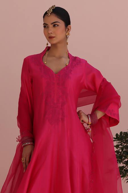 Buy Charu Makkar Red Silk, Chanderi, Cotton, Organza Embroidery Round Neck Anarkali Set Online at Aza Fashions Buy_Charu Makkar_Red Silk, Chanderi, Cotton, Organza Embroidery Round Neck Anarkali Set _Online_at_Aza_Fashions