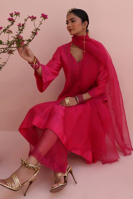 Shop_Charu Makkar_Red Silk, Chanderi, Cotton, Organza Embroidery Round Neck Anarkali Set _Online_at_Aza_Fashions