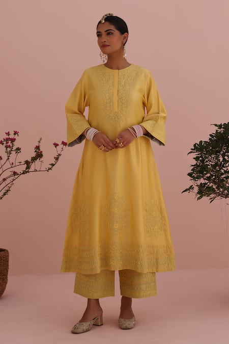 Shop_Charu Makkar_Yellow Silk, Chanderi, Organza Embroidery Round Neck Lemon Kurta Set _at_Aza_Fashions