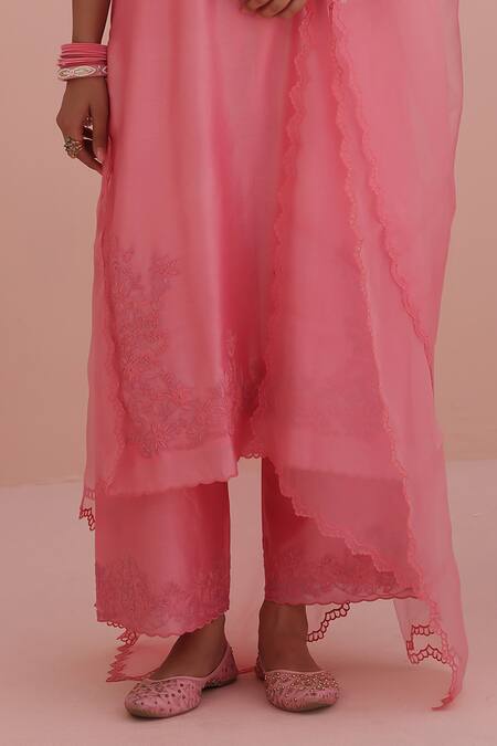 Shop Charu Makkar Pink Silk, Chanderi, Organza Embroidery V-neck Rose Kurta Set Online at Aza Fashions Shop_Charu Makkar_Pink Silk, Chanderi, Organza Embroidery V-neck Rose Kurta Set _Online_at_Aza_Fashions
