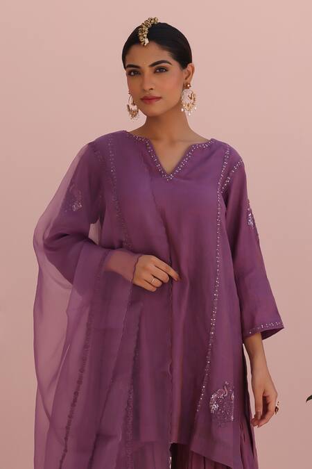 Charu Makkar Lilac Chanderi, Tissue, Organza Embroidery Round Neck Kurta Set Online at Aza Fashions Charu Makkar_Lilac Chanderi, Tissue, Organza Embroidery Round Neck Kurta Set _Online_at_Aza_Fashions