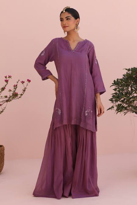 Shop_Charu Makkar_Lilac Chanderi, Tissue, Organza Embroidery Round Neck Kurta Set _Online_at_Aza_Fashions