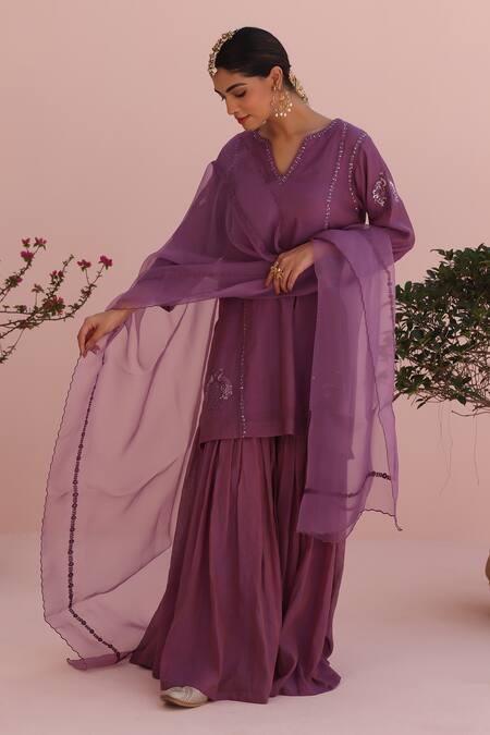 Charu Makkar_Lilac Chanderi, Tissue, Organza Embroidery Round Neck Kurta Set _at_Aza_Fashions