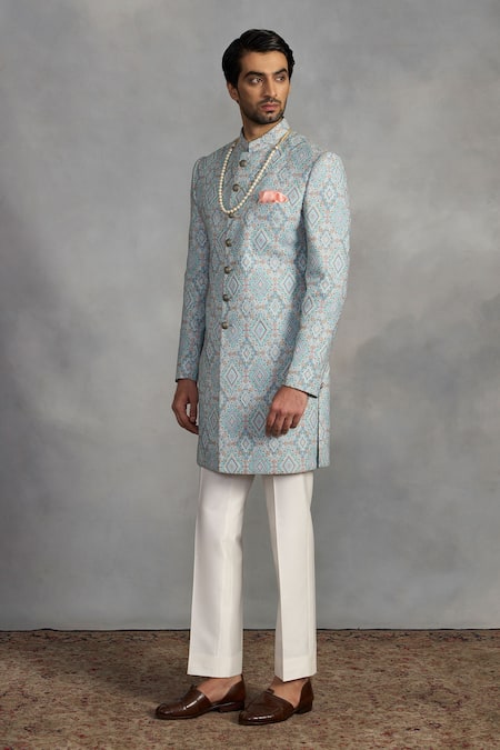 Gargee Designers_Blue Polyester, Silk, Cotton Embroidery Designer Aqua Indowestern Set _Online_at_Aza_Fashions