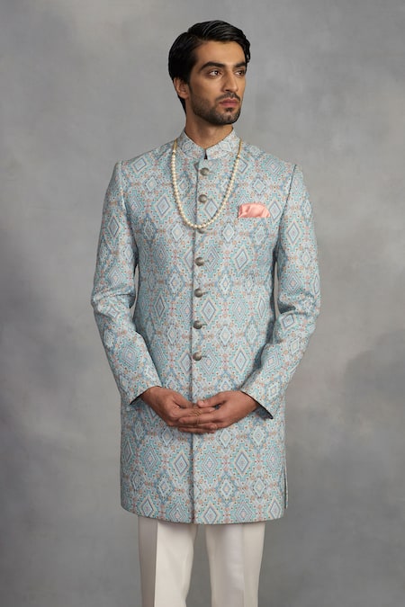 Buy_Gargee Designers_Blue Polyester, Silk, Cotton Embroidery Designer Aqua Indowestern Set _Online_at_Aza_Fashions