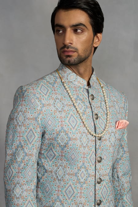 Shop_Gargee Designers_Blue Polyester, Silk, Cotton Embroidery Designer Aqua Indowestern Set _Online_at_Aza_Fashions