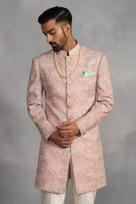 Buy_Gargee Designers_Peach Polyester, Silk, Cotton Embroidery Designer Indowestern Sherwani Set _Online_at_Aza_Fashions