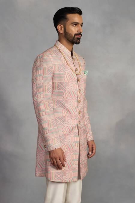 Shop_Gargee Designers_Peach Polyester, Silk, Cotton Embroidery Designer Indowestern Sherwani Set _Online_at_Aza_Fashions