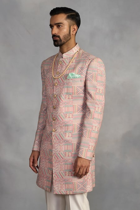 Gargee Designers_Peach Polyester, Silk, Cotton Embroidery Designer Indowestern Sherwani Set _at_Aza_Fashions