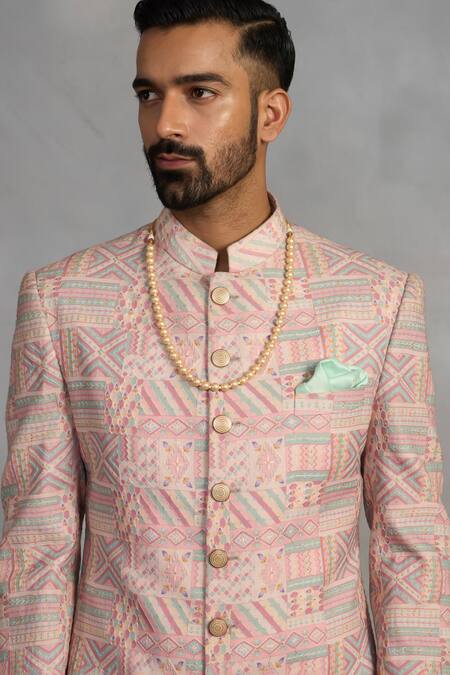 Buy_Gargee Designers_Peach Polyester, Silk, Cotton Embroidery Designer Indowestern Sherwani Set 