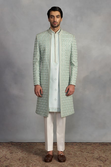 Gargee Designers_Mint Polyester, Viscose Embroidery Zeb Indowestern Sherwani Set_Online_at_Aza_Fashions