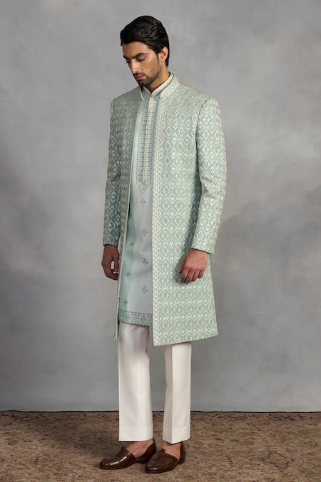 Buy_Gargee Designers_Mint Polyester, Viscose Embroidery Zeb Indowestern Sherwani Set_Online_at_Aza_Fashions