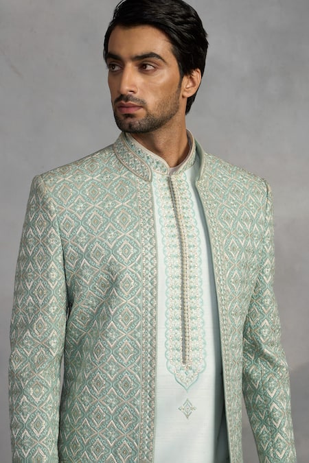Shop_Gargee Designers_Mint Polyester, Viscose Embroidery Zeb Indowestern Sherwani Set_Online_at_Aza_Fashions